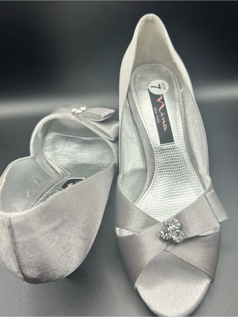 Nina Silver Satin Peep-Toe Flats with Crystal Bow Accent